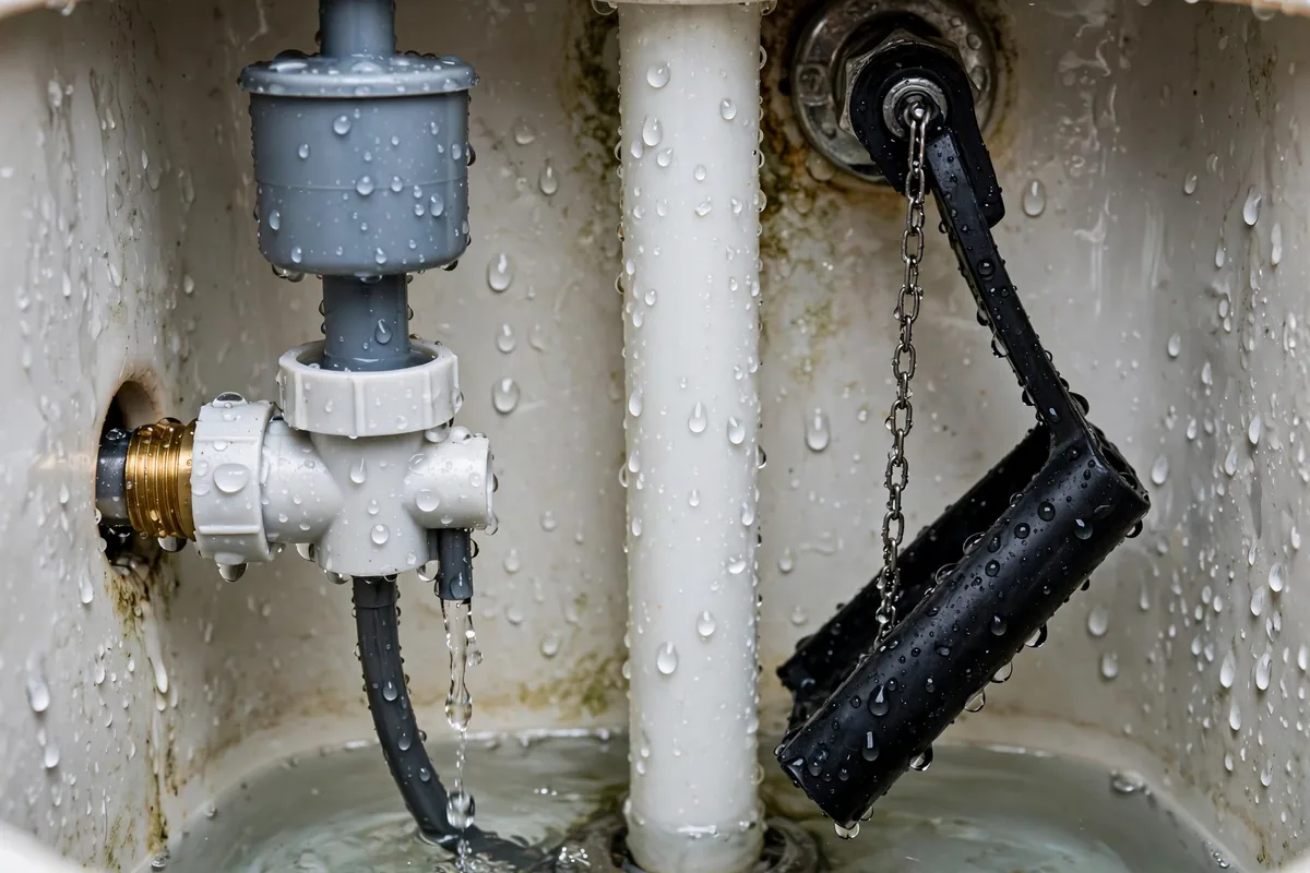 Close-up of a toilet fill valve and flapper inside the tank during a leak inspection