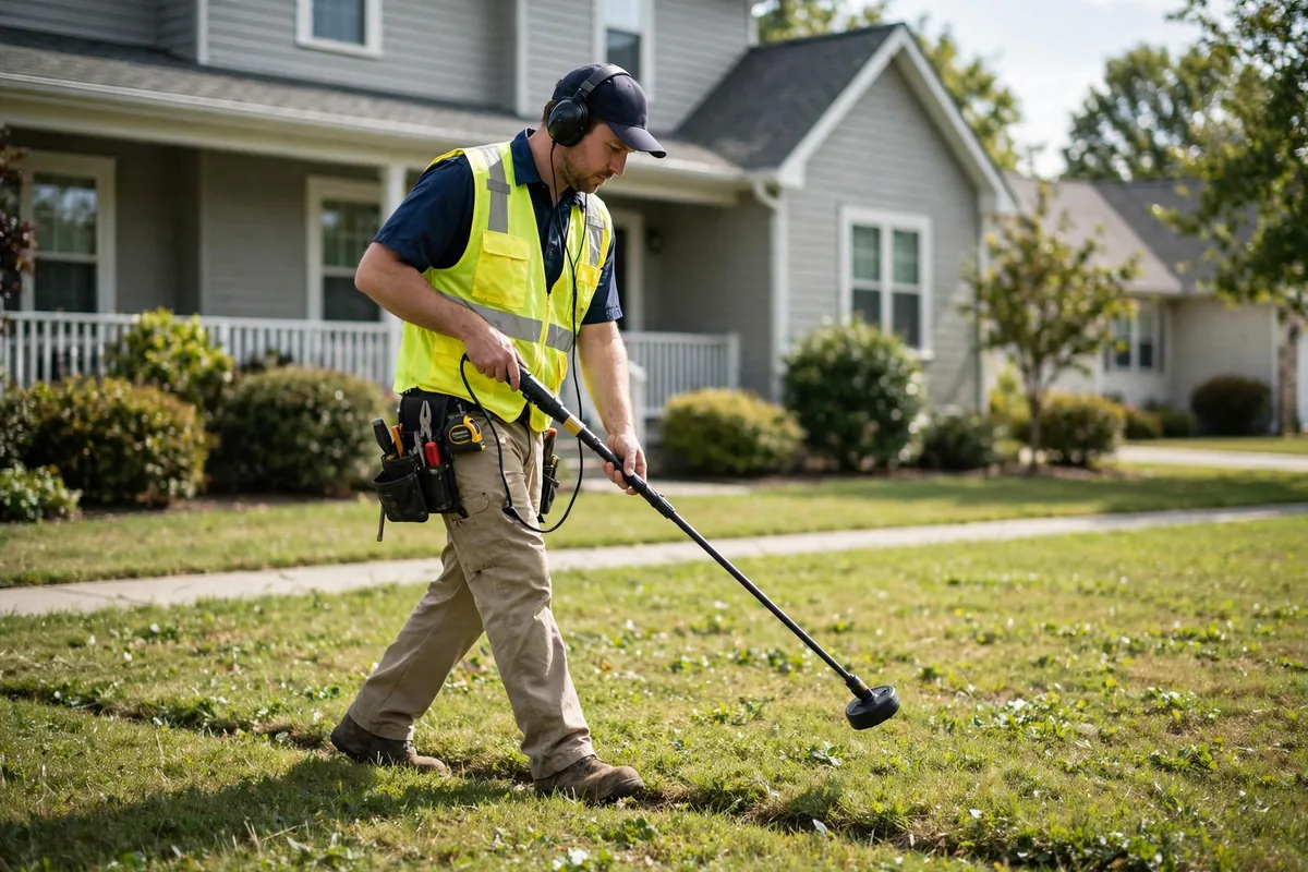Technician tracing a buried water line path across a lawn with listening equipment during an underground leak search