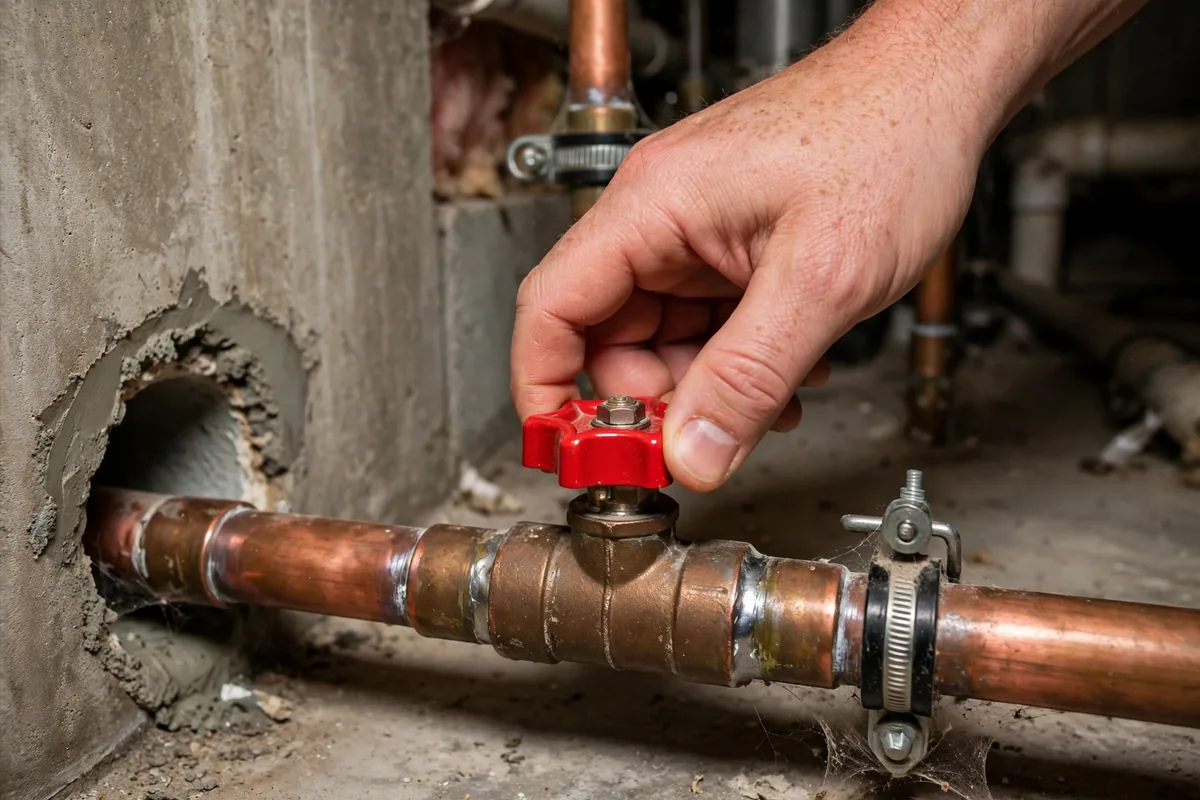 Technician closing the main water shutoff valve during a house-side versus service-line isolation test