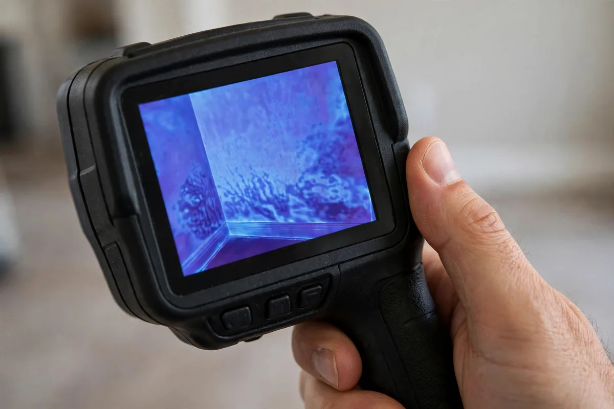 Thermal imaging camera screen showing a cool moisture pattern on an interior wall during a leak inspection
