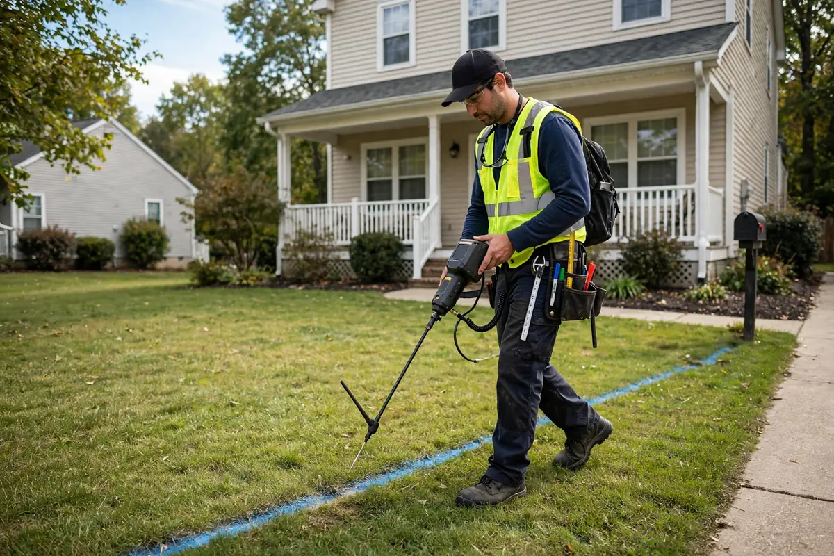 Technician walking the path of a buried water service line across a front yard with detection equipment