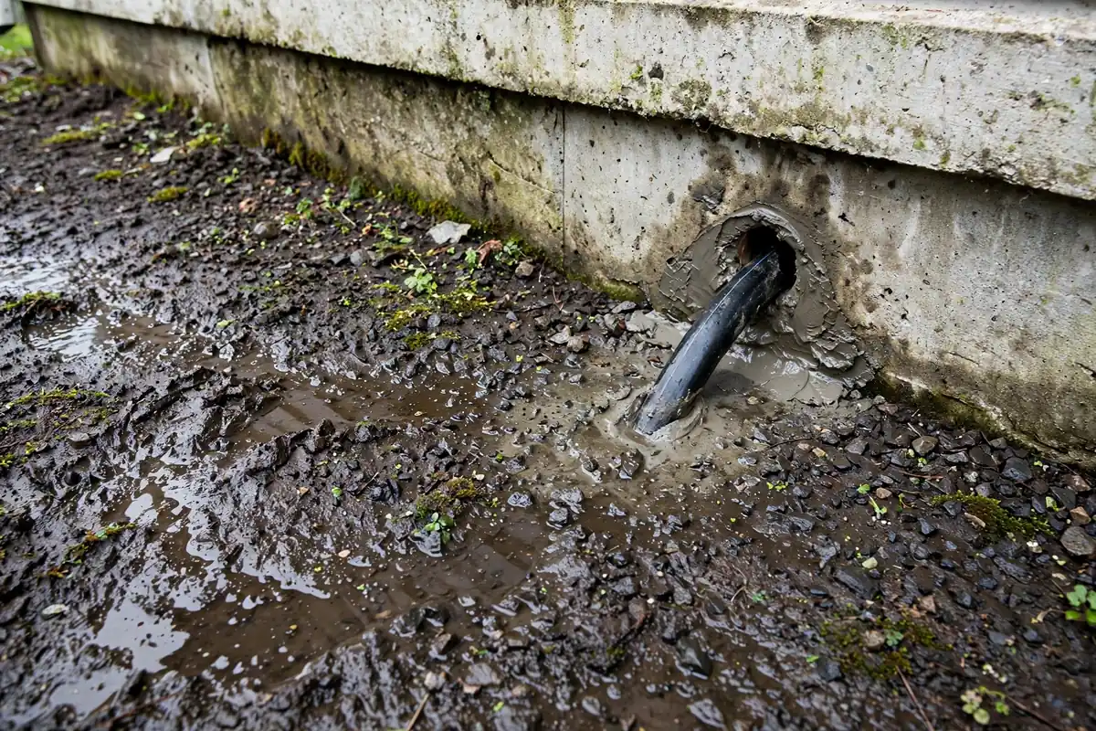 Damp soil and wet patch against a house foundation where a service line enters, a possible service line leak sign